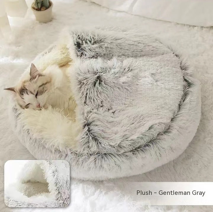 2-in-1 Round Plush Pet Bed Warm Cozy Sleeping House