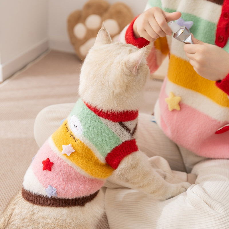 Cartoon Star Striped Pet Sweater With Matching Owner Set