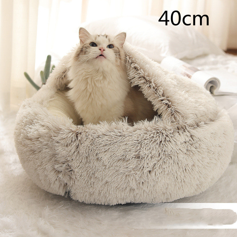 2-in-1 Round Plush Pet Bed Warm Cozy Sleeping House