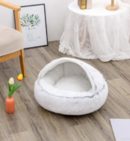 2-in-1 Round Plush Pet Bed Warm Cozy Sleeping House
