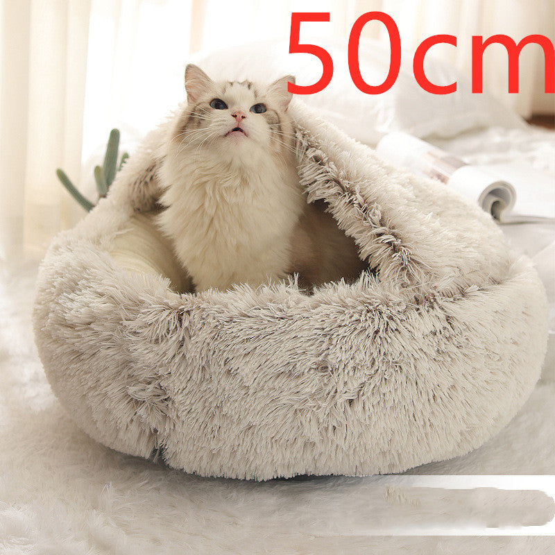 2-in-1 Round Plush Pet Bed Warm Cozy Sleeping House