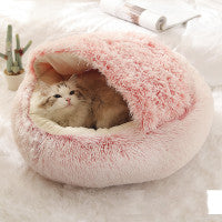 2-in-1 Round Plush Pet Bed Warm Cozy Sleeping House
