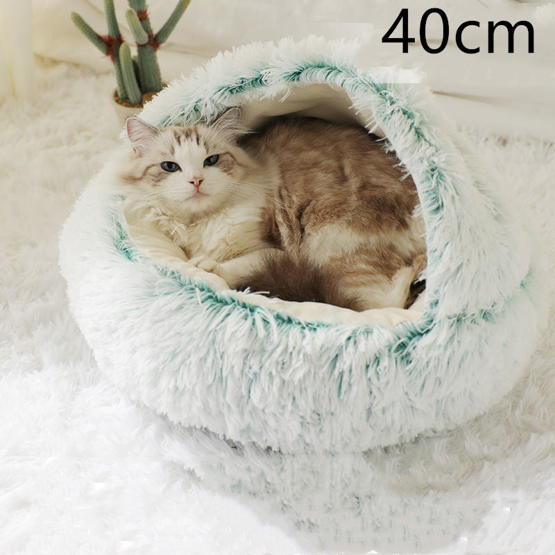 2-in-1 Round Plush Pet Bed Warm Cozy Sleeping House