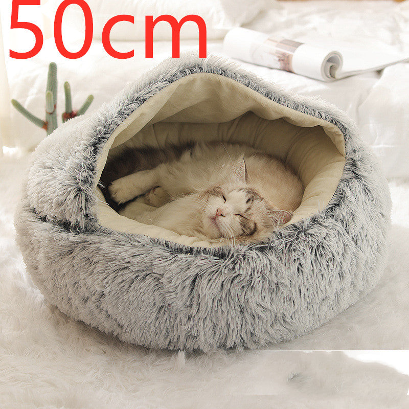 2-in-1 Round Plush Pet Bed Warm Cozy Sleeping House