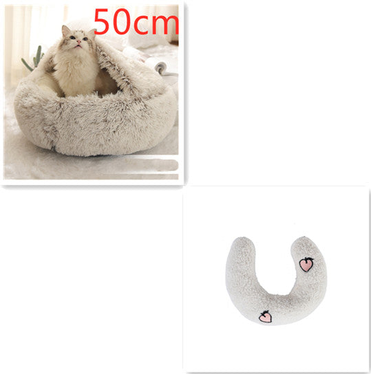 2-in-1 Round Plush Pet Bed Warm Cozy Sleeping House