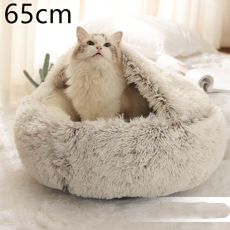 2-in-1 Round Plush Pet Bed Warm Cozy Sleeping House