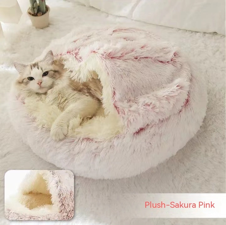 2-in-1 Round Plush Pet Bed Warm Cozy Sleeping House