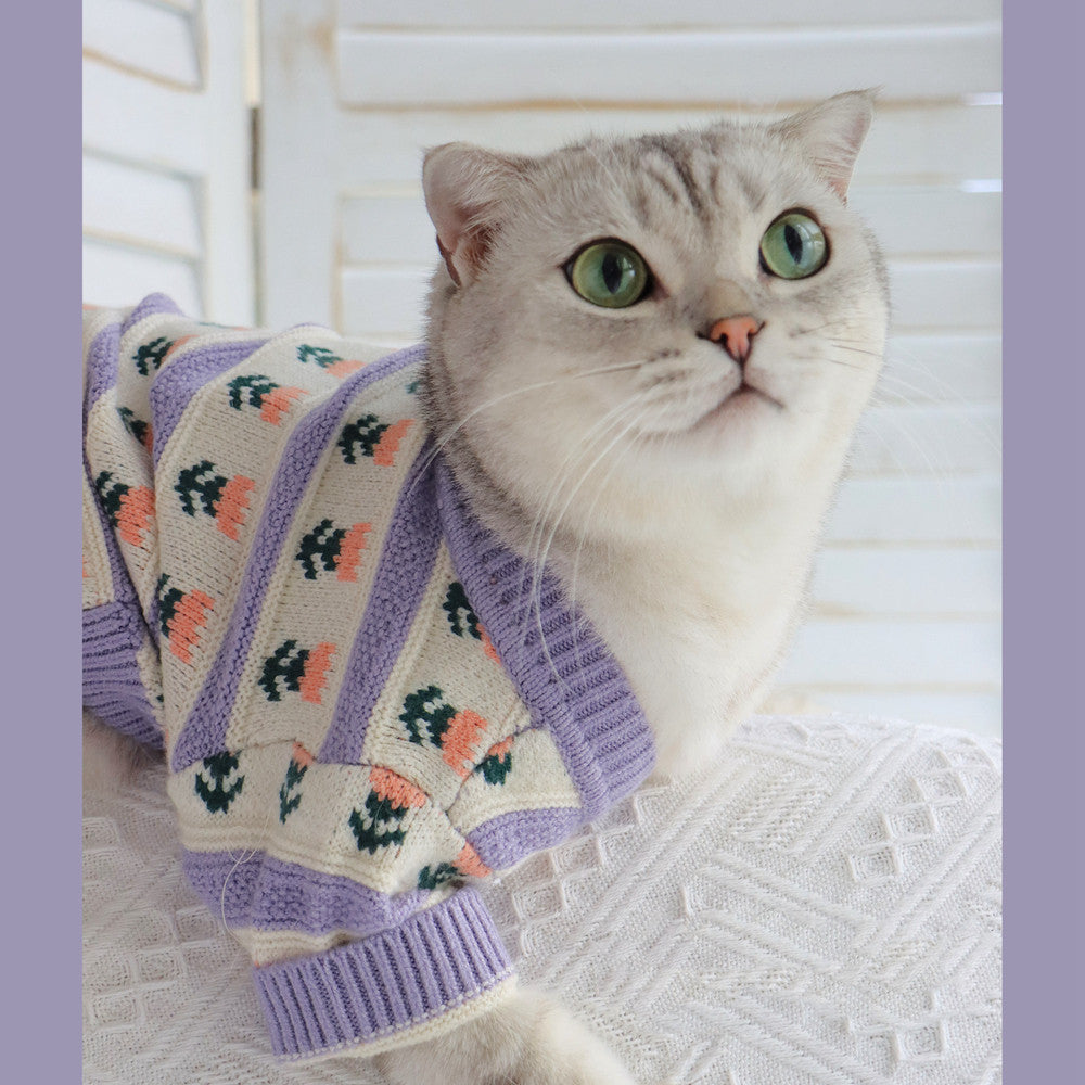 Retro Purple Floral Pet Sweater For Autumn And Winter Wear