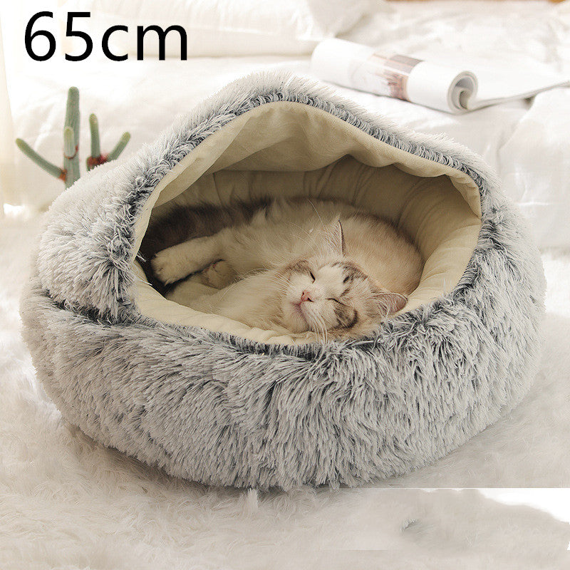 2-in-1 Round Plush Pet Bed Warm Cozy Sleeping House