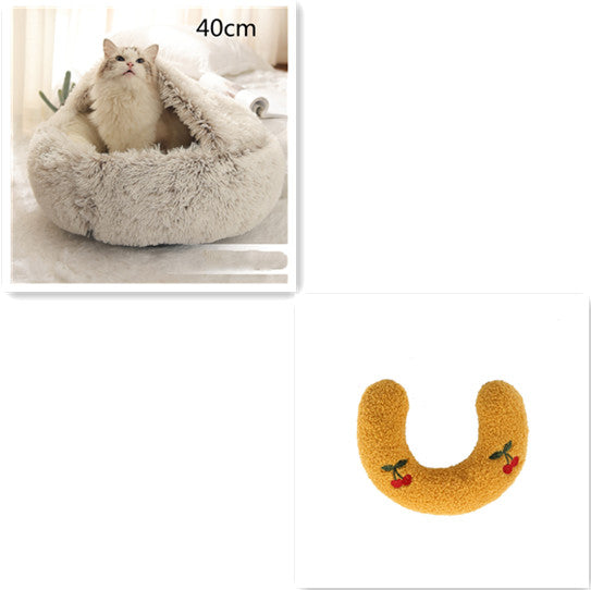 2-in-1 Round Plush Pet Bed Warm Cozy Sleeping House