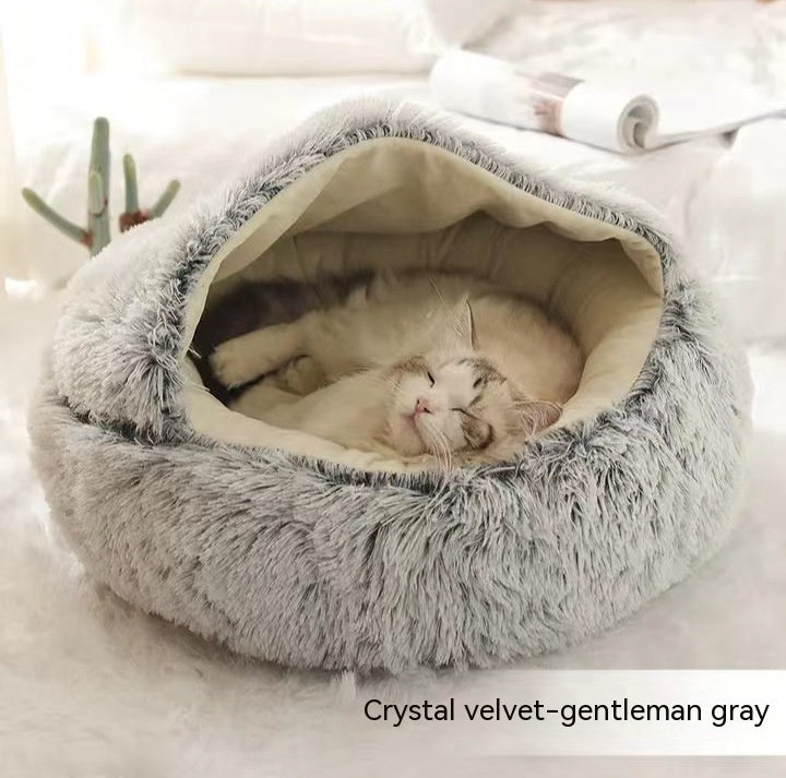 2-in-1 Round Plush Pet Bed Warm Cozy Sleeping House