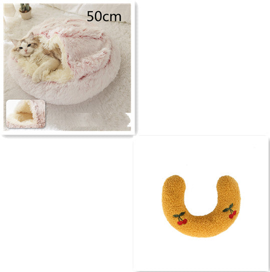 2-in-1 Round Plush Pet Bed Warm Cozy Sleeping House