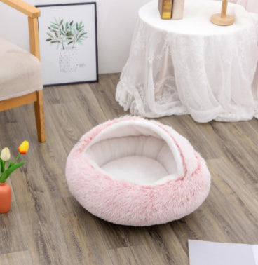 2-in-1 Round Plush Pet Bed Warm Cozy Sleeping House