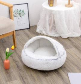 2-in-1 Round Plush Pet Bed Warm Cozy Sleeping House