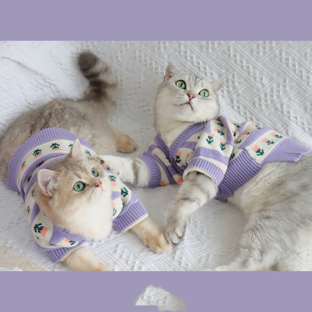 Retro Purple Floral Pet Sweater For Autumn And Winter Wear