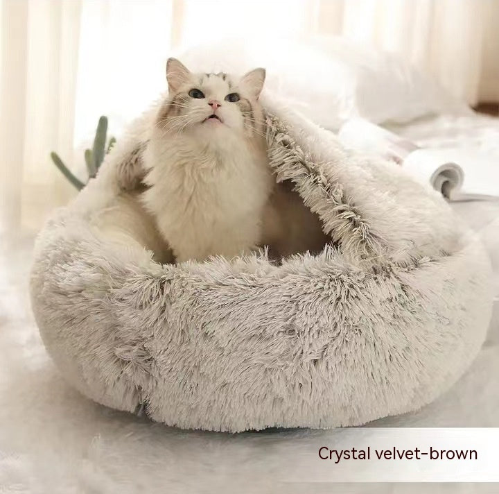 2-in-1 Round Plush Pet Bed Warm Cozy Sleeping House
