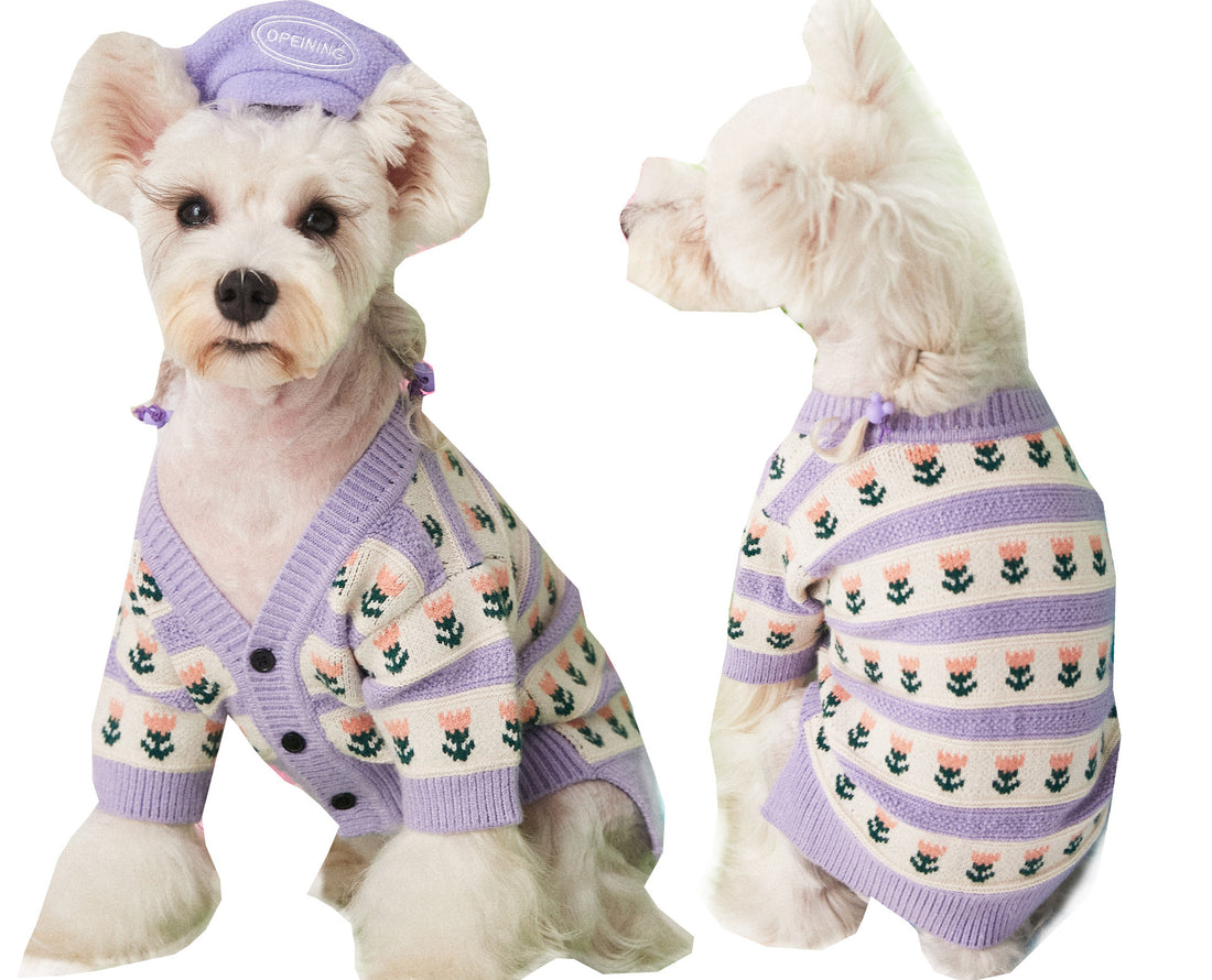 Purple Floral Pet Sweater Cardigan For Stylish Everyday Wear