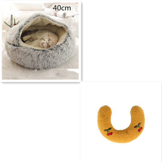 2-in-1 Round Plush Pet Bed Warm Cozy Sleeping House