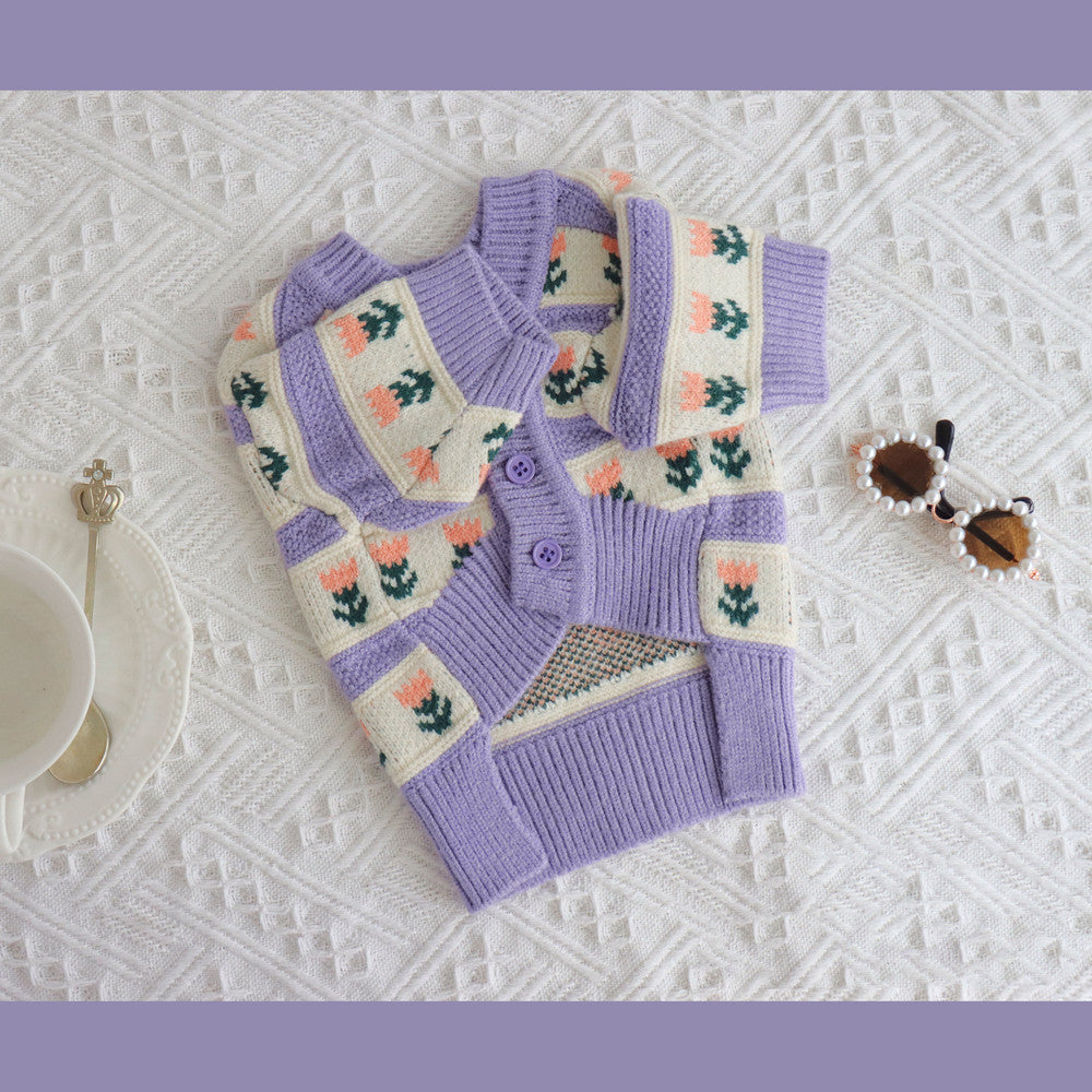 Retro Purple Floral Pet Sweater For Autumn And Winter Wear