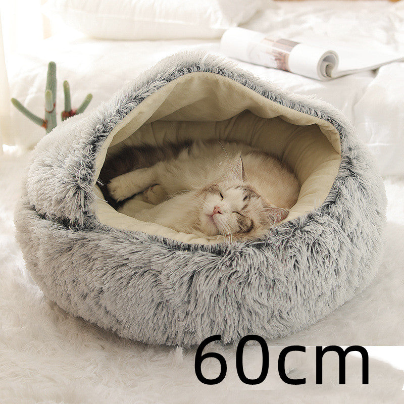 2-in-1 Round Plush Pet Bed Warm Cozy Sleeping House