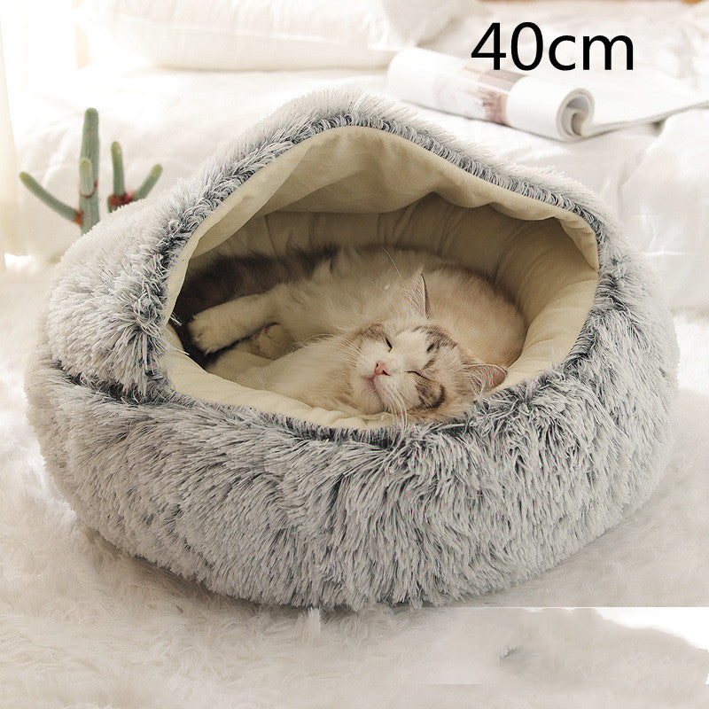 2-in-1 Round Plush Pet Bed Warm Cozy Sleeping House