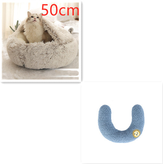 2-in-1 Round Plush Pet Bed Warm Cozy Sleeping House