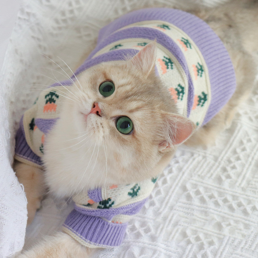 Retro Purple Floral Pet Sweater For Autumn And Winter Wear