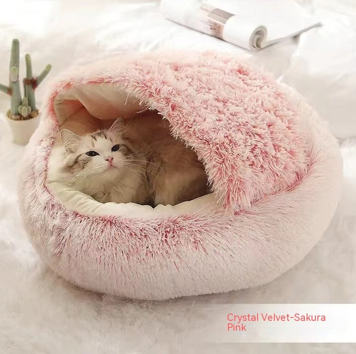 2-in-1 Round Plush Pet Bed Warm Cozy Sleeping House