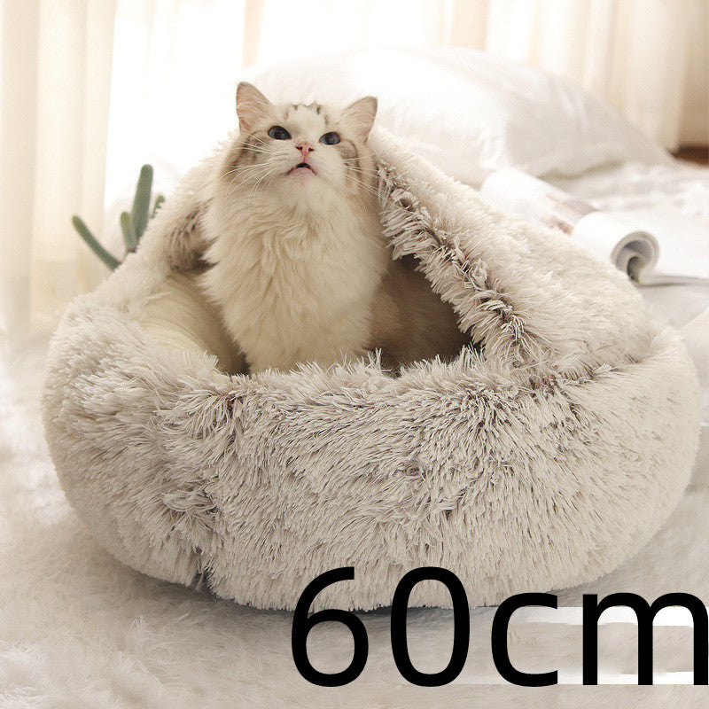 2-in-1 Round Plush Pet Bed Warm Cozy Sleeping House