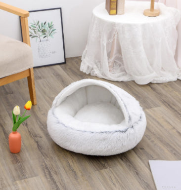 2-in-1 Round Plush Pet Bed Warm Cozy Sleeping House