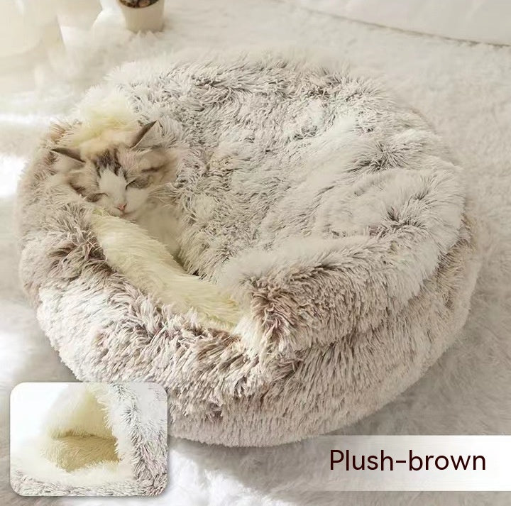2-in-1 Round Plush Pet Bed Warm Cozy Sleeping House