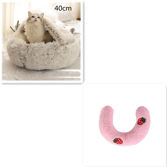 2-in-1 Round Plush Pet Bed Warm Cozy Sleeping House
